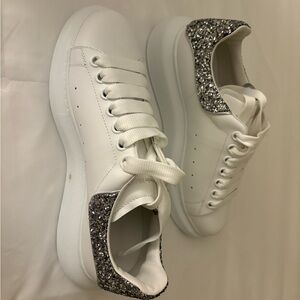 Alexander McQueen White and Silver Glitter Sneakers